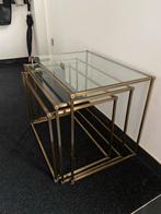Set van 3 messing bijzettafels met glazen blad, Ophalen, Gebruikt, 50 tot 100 cm, Glas