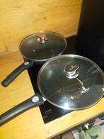 3x Wokpannen en ook 3x koekenpannen + grilpan, Gebruikt, Ophalen of Verzenden, Rvs, Keramische plaat