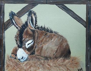 Schilderij Ezeltje in stro in zacht acryl op canvas beschikbaar voor biedingen
