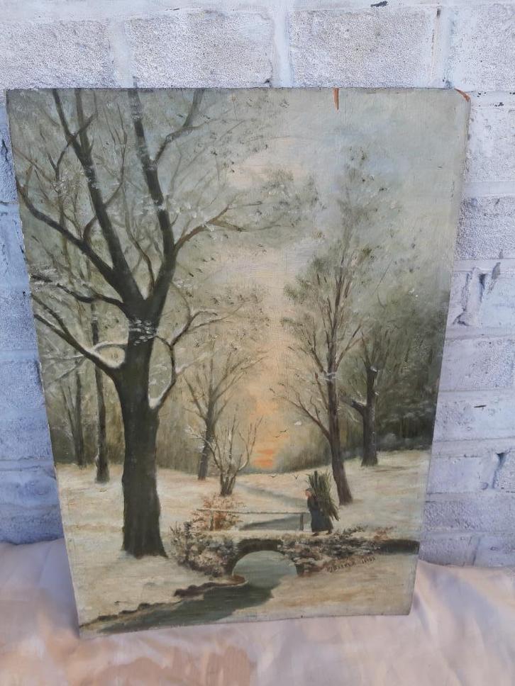 Schilderij, Aquarel, Winterlandschap, P.J. Bakker; olieverf, Antiek en Kunst, Kunst | Schilderijen | Klassiek, Ophalen