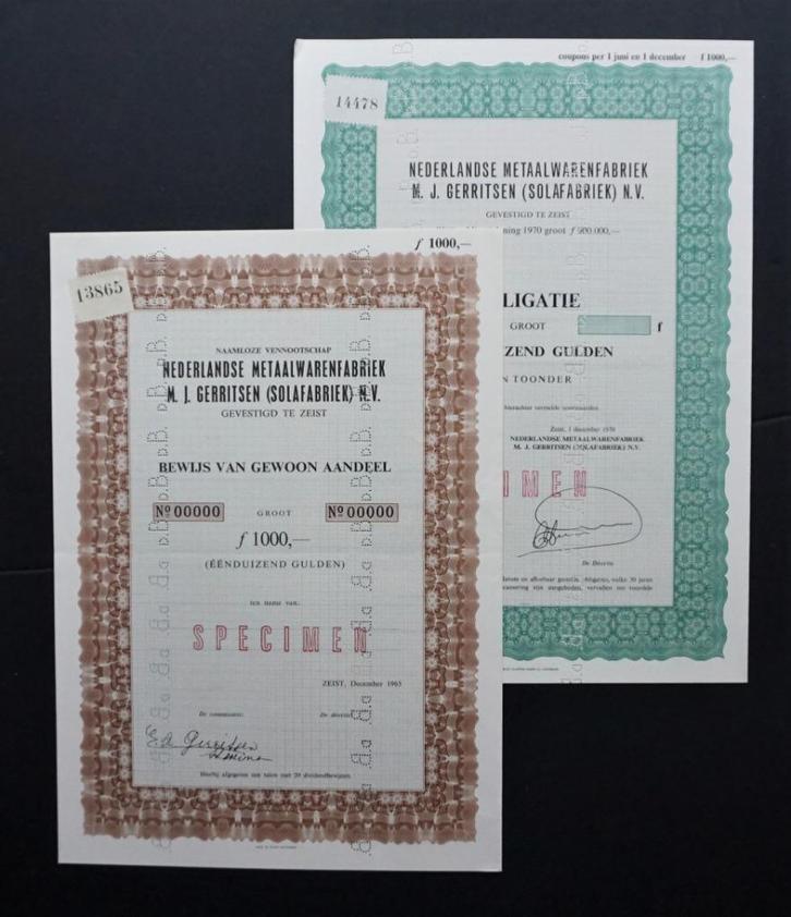 Solafabriek, M.J. Gerritsen - Zeist 1965/1970, Postzegels en Munten, Aandelen en Waardepapieren, Aandeel, 1950 tot 1970, Verzenden