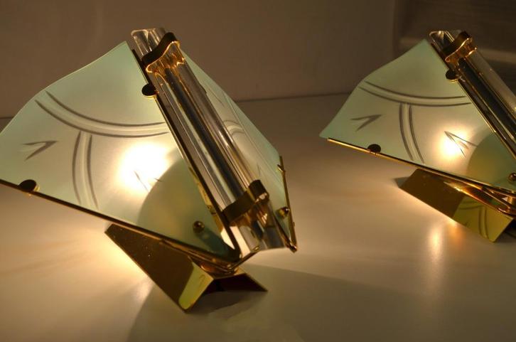 Set Hollywood Regency lampen - Novaresi / Vinini style 1970, Huis en Inrichting, Lampen | Wandlampen, Gebruikt, Glas, Metaal, Ophalen of Verzenden