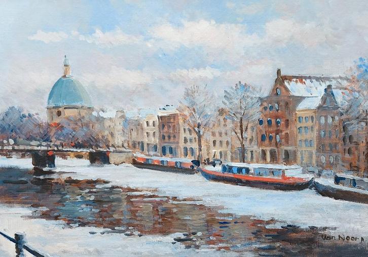 VAN NOORT , WINTERS STADSGEZICHT AMSTERDAM, Antiek en Kunst, Kunst | Schilderijen | Klassiek, Ophalen of Verzenden