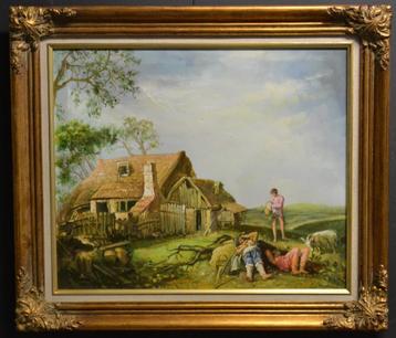 Schilderij Rust in boerenland - Olieverf, lijst goud verguld beschikbaar voor biedingen