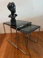 Midcentury Bauhaus bijzettafels rookglas chroom, Minder dan 45 cm, Minder dan 55 cm, Gebruikt, Vierkant