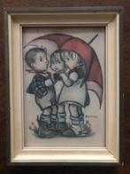 Vintage Prent Kinderen met Paraplu, Ophalen of Verzenden