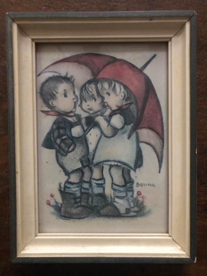 Vintage Prent Kinderen met Paraplu, Antiek en Kunst, Kunst | Tekeningen en Foto's, Ophalen of Verzenden