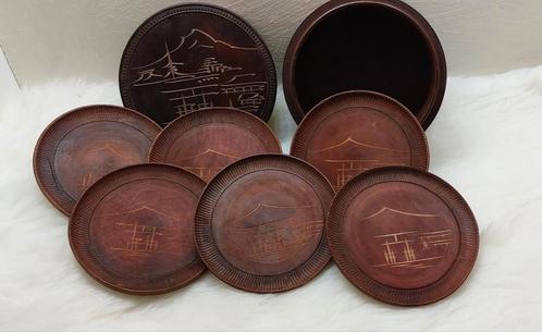 zeldzame geëtste houten kist met deksel zes bijpassende thee, Verzamelen, Overige Verzamelen, Zo goed als nieuw, Ophalen of Verzenden