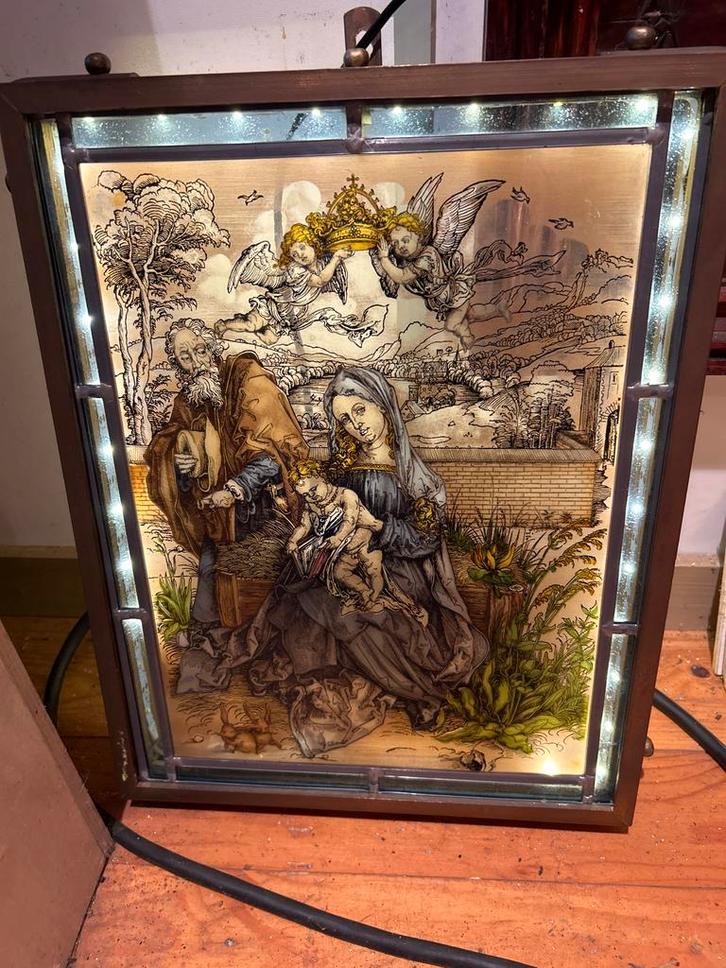 Glas in Lood Religieuze Afbeelding met licht, Antiek en Kunst, Antiek | Religie, Ophalen