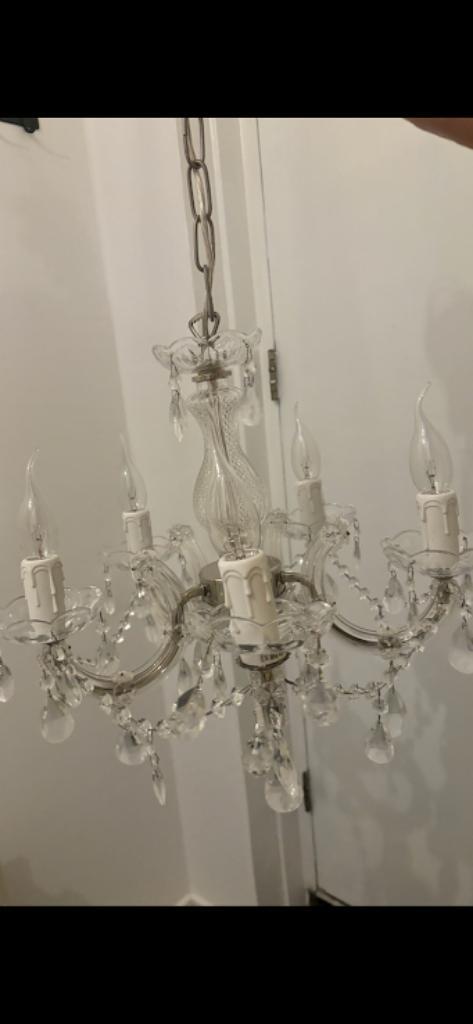 Kroonluchter 5 arms, Huis en Inrichting, Lampen | Kroonluchters, Zo goed als nieuw, Glas, Metaal, Ophalen