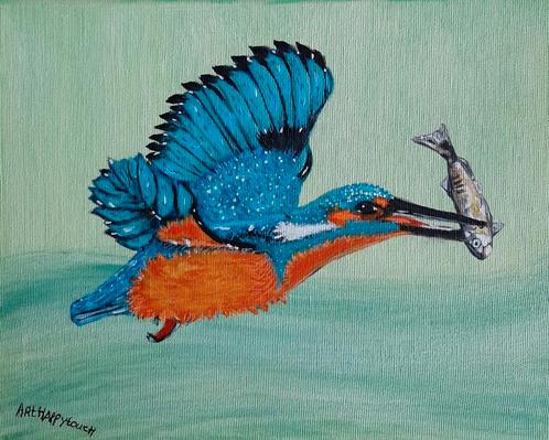 Schilderij IJsvogel en Visje in kleurrijk acryl op canvas, Antiek en Kunst, Kunst | Schilderijen | Modern, Ophalen of Verzenden