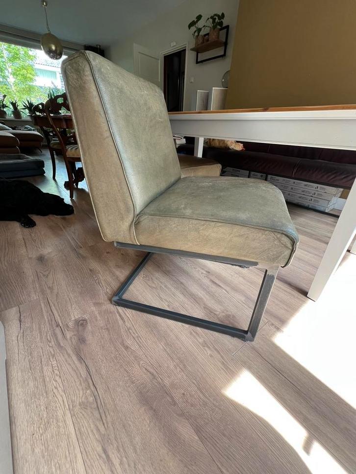 Leren Eetkamer stoelen industrieel olijfgroen., Huis en Inrichting, Stoelen, Gebruikt, Vier, Leer, Overige kleuren, Ophalen