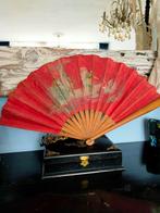 Antiek edwardiaanse waaier stof met houten beleinen hand bes, Ophalen of Verzenden