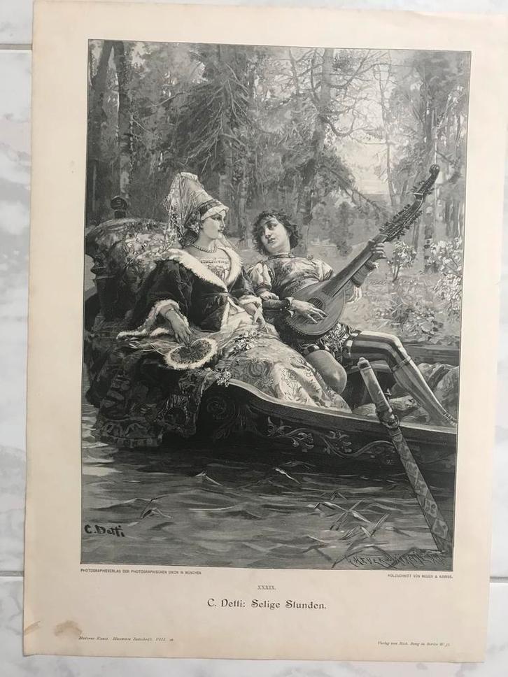 C. Detti: Selige Stunden, 1896, or. gravure, 32x23cm. Mooi!, Antiek en Kunst, Kunst | Etsen en Gravures, Ophalen of Verzenden