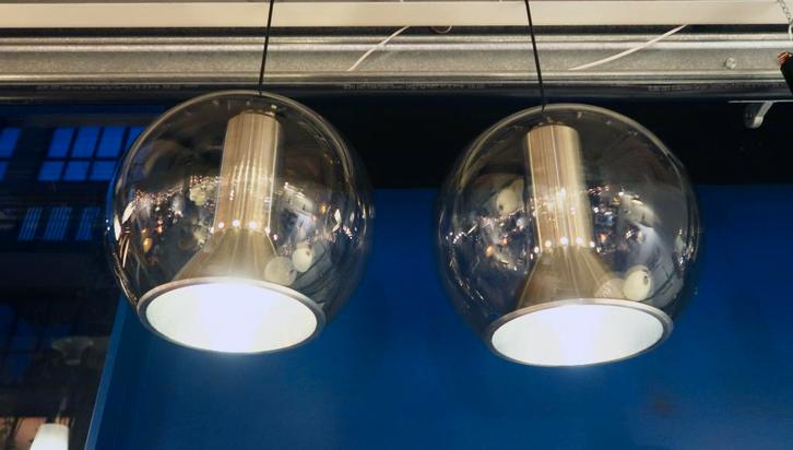 set hanglampen Globe Raak glas aluminium 35 cm 60s, Huis en Inrichting, Lampen | Hanglampen, Gebruikt, Minder dan 50 cm, Glas