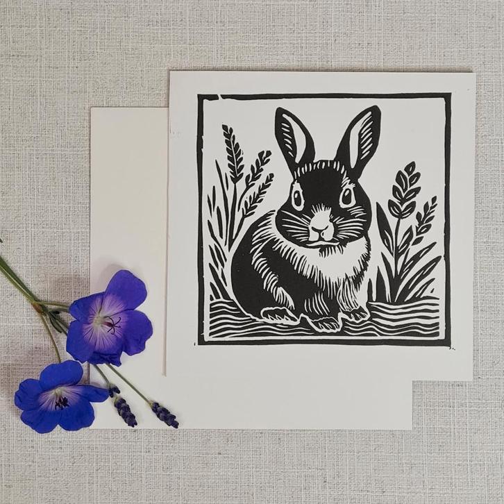 Dubbele kaart met envelop handgemaakt linosnede 15x15 cm, Diversen, Wenskaarten, Nieuw, Ophalen of Verzenden