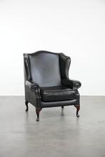 Zwarte rundleren chesterfield oorfauteuil in Engelse stijl, Ophalen, Gebruikt, ., Engels, Vintage