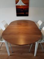 Eiken eetkamertafel met leren stoelen, Ophalen, Gebruikt, 100 tot 150 cm, Eikenhout
