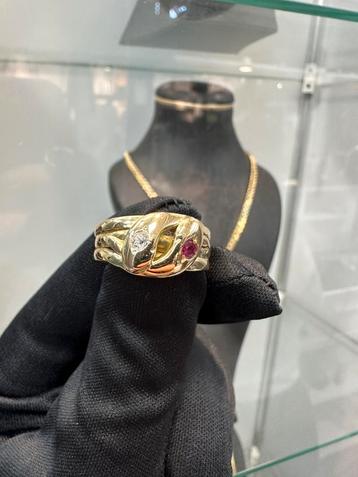 14k gouden slangen ring met Ropijn en briljant beschikbaar voor biedingen