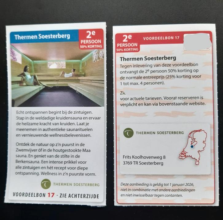 Sauna Thermen Soesterberg 2e persoon 50% korting, Tickets en Kaartjes, Kortingen en Cadeaubonnen, Twee personen, Spa of Sauna