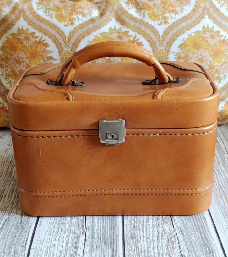 Vintage make-up koffer, beautycase, jaren '70, cognackleurig, Sieraden, Tassen en Uiterlijk, Beautycases, Gebruikt, Ophalen of Verzenden