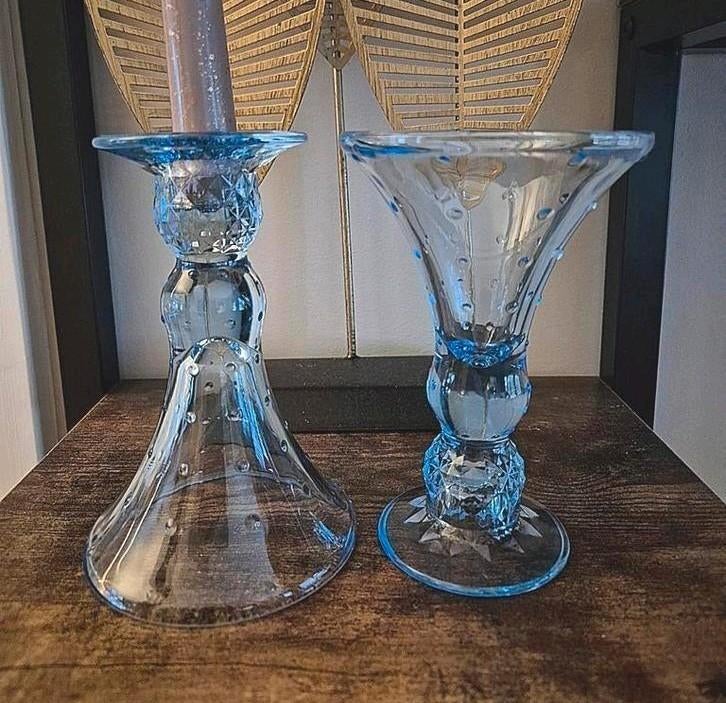 2 Art Deco kandelaars / vaasje omkeerbaar / blauw, Overige materialen, Blauw, Ophalen of Verzenden, Zo goed als nieuw