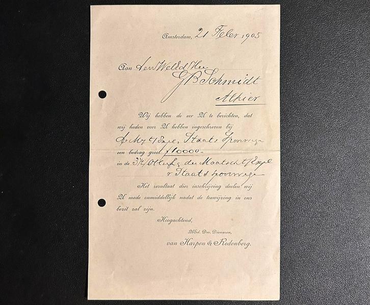 Bewijs van inschrijving aandelen Staatspoorwegen (1905), Verzamelen, Spoorwegen en Tramwegen, Gebruikt, Trein, Ophalen of Verzenden