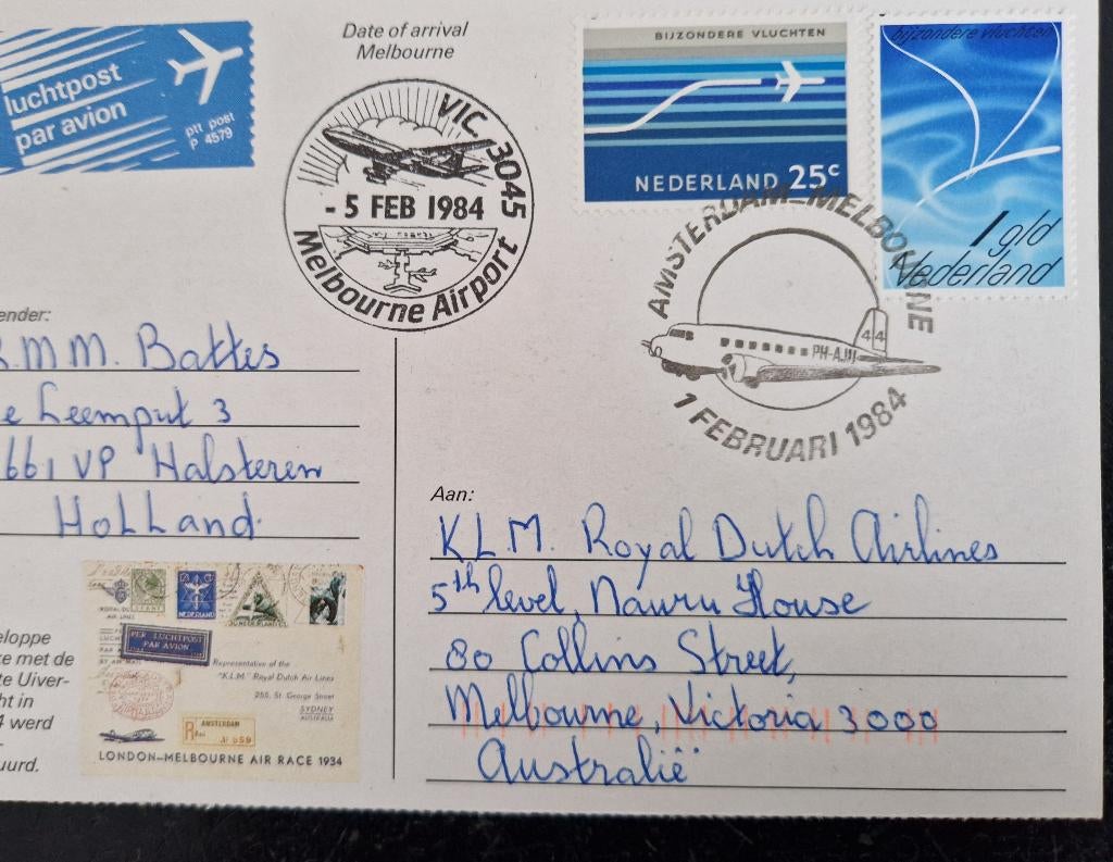 Nederland 1984- London - Melbourne Memorial Flight kaart, Postzegels en Munten, Postzegels | Eerstedagenveloppen, Ophalen of Verzenden