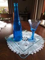 Kobalt glazen fles met glas op glazen blad L.Dake en Zn., Antiek en Kunst, Ophalen