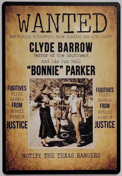 Wanted Bonnie and Clyde reclamebord van metaal wandbord deco, Verzamelen, Muziek, Artiesten en Beroemdheden, Nieuw, Foto of Kaart