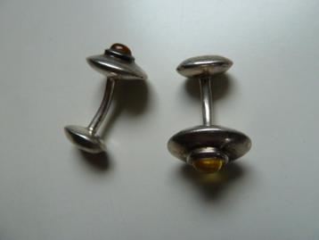 Antieke art deco zilveren manchetknopen + barnsteen cabochon beschikbaar voor biedingen
