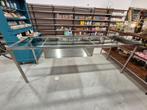 Mooie grote RVS tafel met glazen blad, Ophalen, Gebruikt, 200 cm of meer, 50 tot 100 cm