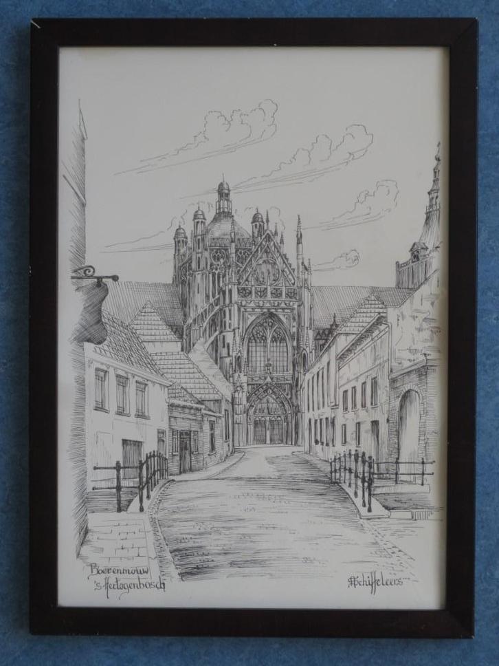 Boerenmouw Den Bosch - Ingelijste pentekening Schiffeleers, Antiek en Kunst, Kunst | Tekeningen en Foto's, Ophalen of Verzenden