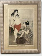 Antieke lithografie Japanse Awabi parelduiksters Utamaro, Antiek en Kunst, Ophalen of Verzenden