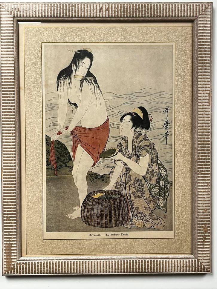 Antieke lithografie Japanse Awabi parelduiksters Utamaro, Antiek en Kunst, Kunst | Niet-Westerse kunst, Ophalen of Verzenden