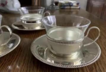3x theeglas kop en schotel; kopje glas, schotel nepzilver beschikbaar voor biedingen