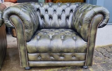 Chesterfield fauteuil groen gevlamd leer + BEZORGING GRATIS  beschikbaar voor biedingen