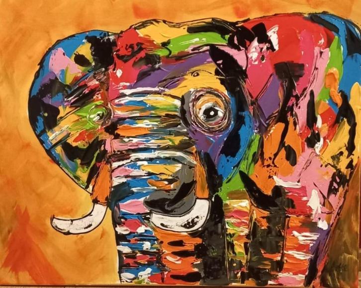 Schilderij kleurrijke olifant, Huis en Inrichting, Woonaccessoires | Schilderijen, Tekeningen en Foto's, Nieuw, Schilderij, Minder dan 50 cm