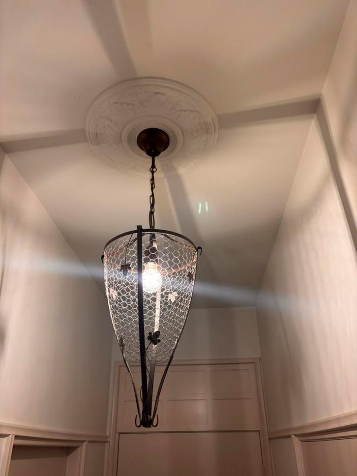 2x Hanglamp – Landelijke korf / vintage – brons – E27, Huis en Inrichting, Lampen | Plafondlampen, Zo goed als nieuw, Metaal, Ophalen of Verzenden