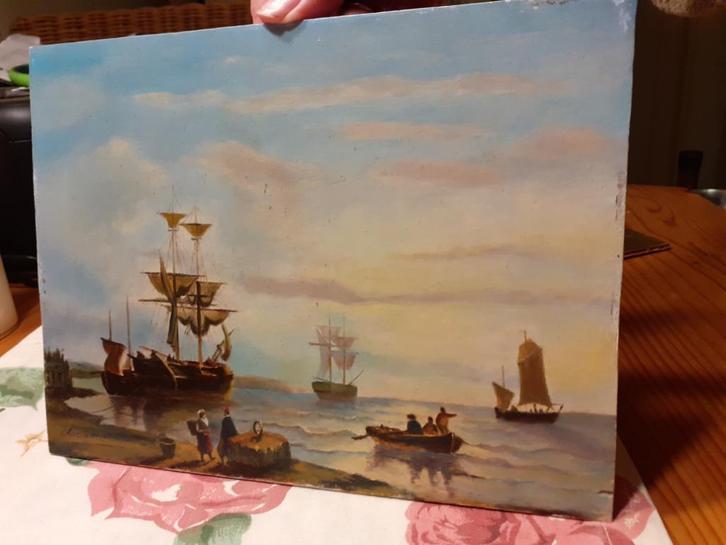 Olieverf/Paneel "Zeilschepen v d Kust" gesign E. Tercouteren, Antiek en Kunst, Kunst | Schilderijen | Klassiek, Ophalen of Verzenden