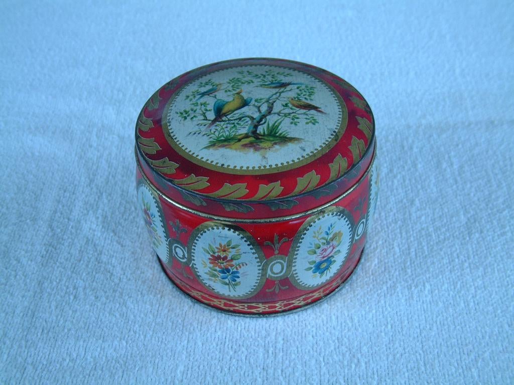 Oud rond blik met bloemen en vogels, Verzamelen, Blikken, Ophalen of Verzenden, Gebruikt, Overige