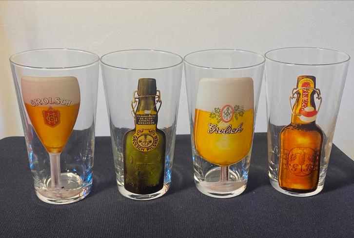 Set van 4 Grolsch bierglazen. Hoogte 13,5 cm., Verzamelen, Biermerken, Zo goed als nieuw, Glas of Glazen, Grolsch, Ophalen of Verzenden