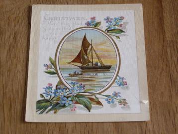 Oude Kerstkaart Zeilschip in een ovaal. beschikbaar voor biedingen
