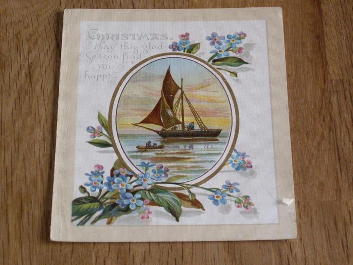 Oude Kerstkaart Zeilschip in een ovaal., Verzamelen, Ansichtkaarten | Themakaarten, Ongelopen, Voor 1920, Feest(dag), Verzenden