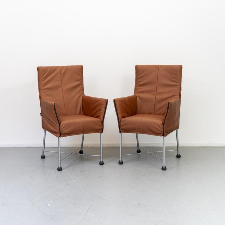 8x Montis Chaplin Stoel Tobago Leer Cognac - RVS/Dop, Huis en Inrichting, Stoelen, Zo goed als nieuw, Vijf, Zes of meer stoelen