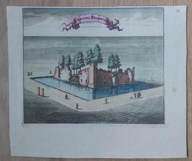 17 / Kasteel Hellenburg Baarland gekleurde gravure uit 1696, Antiek en Kunst, Kunst | Etsen en Gravures, Ophalen of Verzenden