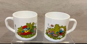 Vintage 2 Smurfen Bekers van Acorpal Glas.1986 Peyo.  beschikbaar voor biedingen