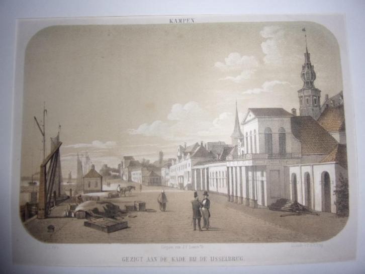 KAMPEN - Gezigt aan de kade bij de IJsselbrug. Litho ca.1857, Antiek en Kunst, Kunst | Etsen en Gravures, Ophalen of Verzenden