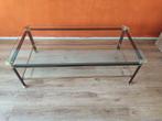 Glazen tafel met metalen frame, Ophalen, Gebruikt, 100 tot 150 cm, 50 tot 100 cm