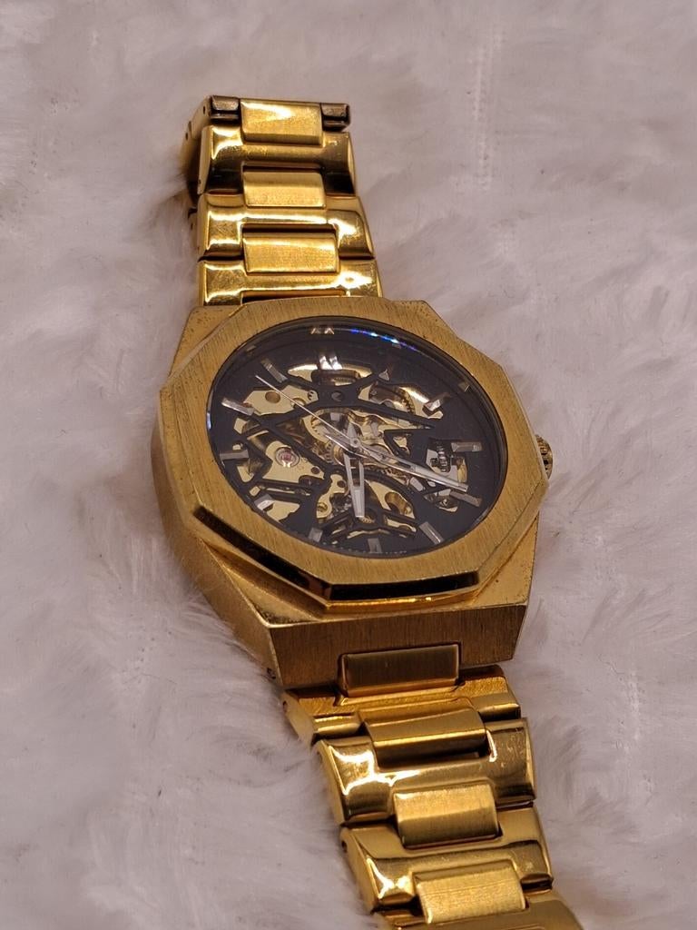 Gouden Polshorloge met Skelet Uurwerk gratis verzenden in nl, Overige merken, Gebruikt, Polshorloge, Ophalen of Verzenden